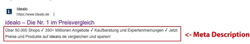 Bild zeigt eine Beispielhafte Meta Description auf einer Google Ergebnis Seite