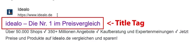 Bild zeigt beispielhaft einen Title Tag auf einer Google Ergebniss-Seite